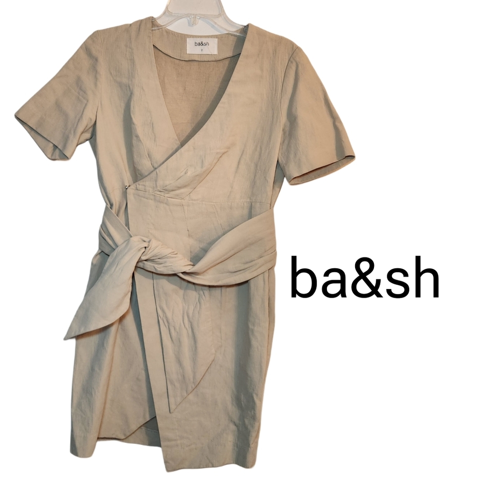 ba&sh Beige Wrap Tie-Front Short Sleeve Dress